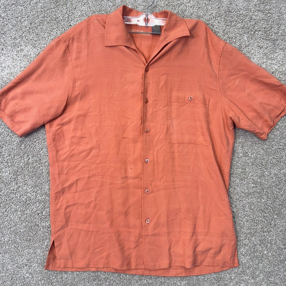 Tori Richard Shirt Mens L Short Sleeve Silk Dobby Coral Orange Button Down EUC